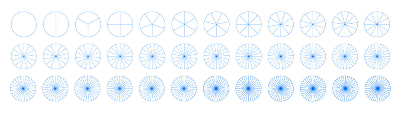 Segmented infographic charts set. Presentation template element from 1 to 36 segments. Many number of sectors divide the blue circle on equal parts. Pie, pizza charts. Diagram wheel parts.