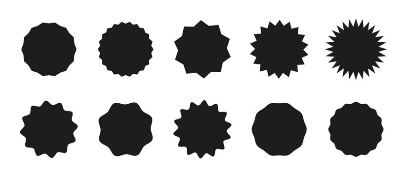 Circle stickers. Wavy edge promo badges. Star burst shape black tags for price. Set of blank sale sticker. Vintage flat labels collection. Graphic illustration. Simple silhouette.