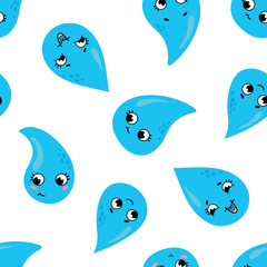 Cute Water Droplets with Faces Seamless Pattern. Endless textures for your design