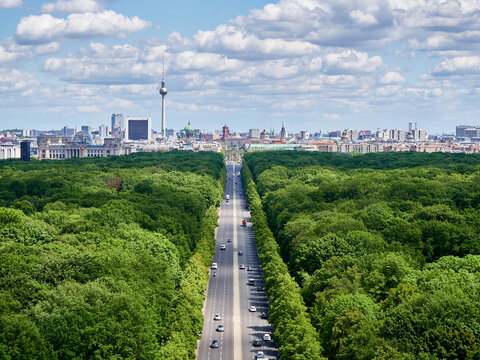 Panoramic view of Berlin skyline with TV Tower, Tiergarten park and Strasse des 17. Juni, Germany