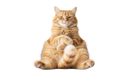 白い背景に座ってリラックスしている茶トラ猫の正面