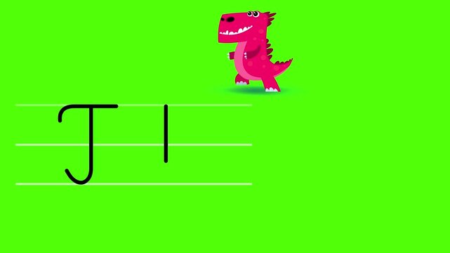 T letter writing like tyrannosaurus color cartoon animation. Handwriting educational style for children. Good for education movies, presentation, learning alphabet.