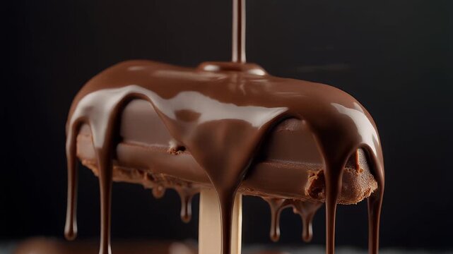A close-up shot of a frozen dessert bar with a wooden stick, covered in flowing, glossy chocolate dripping down. A dark background