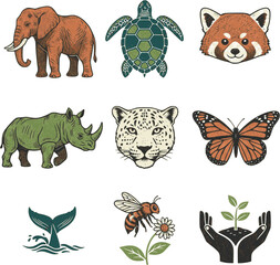 Fototapeta premium Professional World Wildlife Day icons. Detailed vector set featuring elephants, sea turtles, and conservation symbols. High-quality green and sienna graphics on white background.