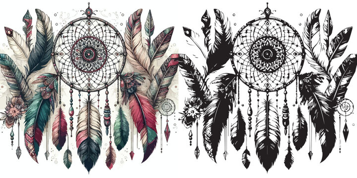Bohemian Boho Elements - feathers, arrows & dream catcher silhouette vector on white background