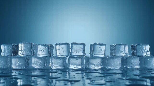 A close-up shot of a row of ice cubes arranged on a wet, reflective surface, against a cool-toned, gradient background