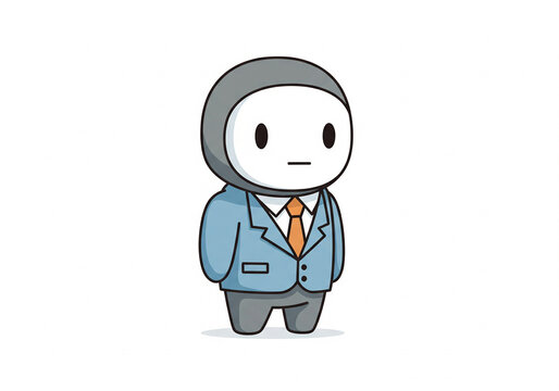 mascot wearing a gray and light blue business suit with an orange tie. 