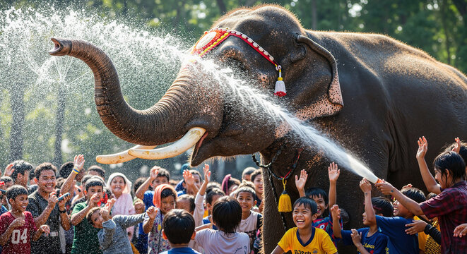 Elephant spraying water during Songkran celebration with joyful children  