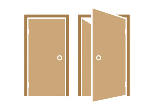 Vector depiction of brown wooden doors, with one door shut and the other swinging open to reveal new possibilities. Realistic style.

