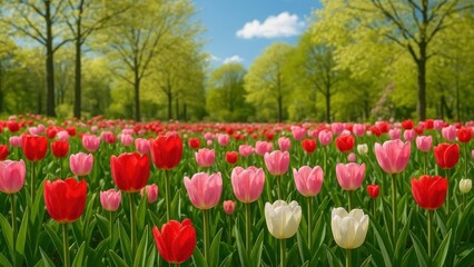 Obraz premium Vibrant tulips in blooming field.