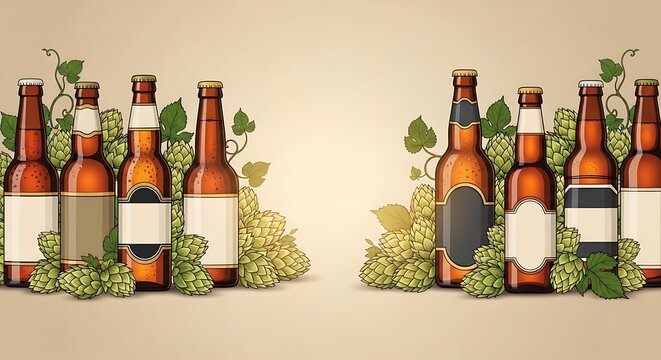 Amber beer bottles with hop cones and leaves arranged symmetrically.
