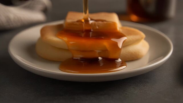 A close-up shot shows golden syrup cascading over stack of round cakes on a white plate, creating a delectable breakfast scene