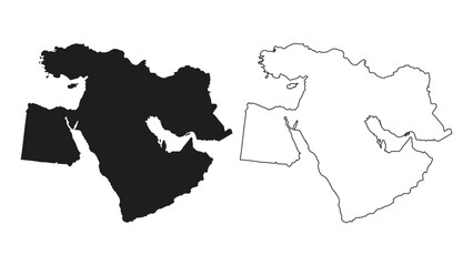 Black silhouette and thin outline vector map of Middle East region on plain white background © Amir