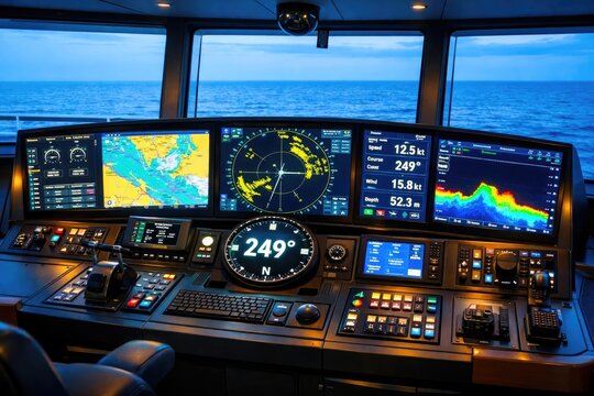 Modern Ship Bridge Control Room with Navigation and Radar Screens