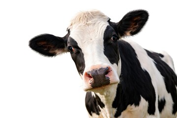 Curious black and white dairy cow isolated on white background