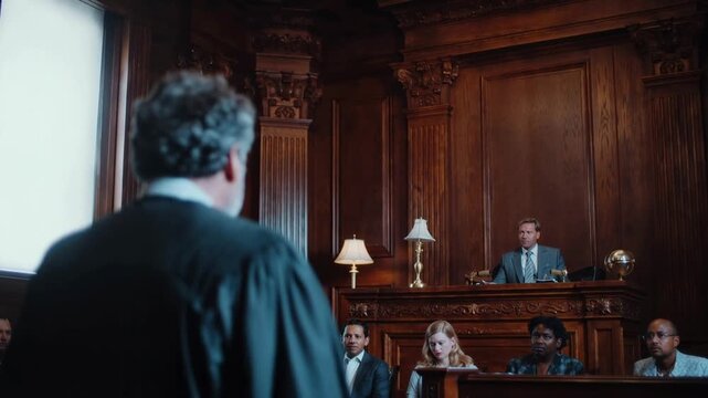 Lawyer addressing court from behind presenting arguments confidently to judge jury and audience emphasizing advocacy and formal legal procedure