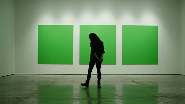 A woman's silhouette in a modern art gallery looking at three large blank green screen canvases ready for your content