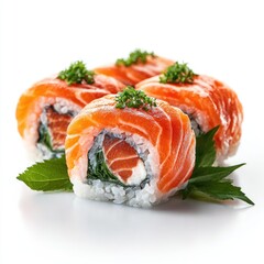 Delicious sushi rolls with salmon and garnishes on a white background.