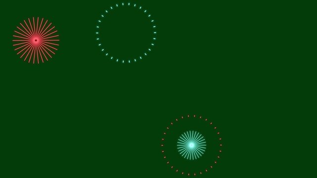 Stylish circle burst firework animation featuring sharp line blast glowing sparks and bubble motion effects on green screen background seamless loop 4K