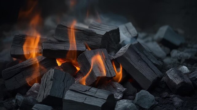 A close-up view of burning charcoal, with flames erupting from the charcoal pieces. Smoke billows around, creating a fiery and hazy ambiance