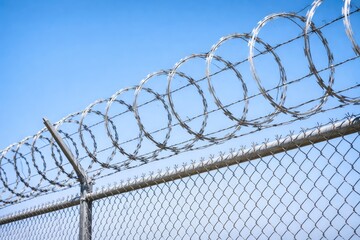 Barbed Wire Fence Against Clear Blue Sky Symbolizing Security and Restriction