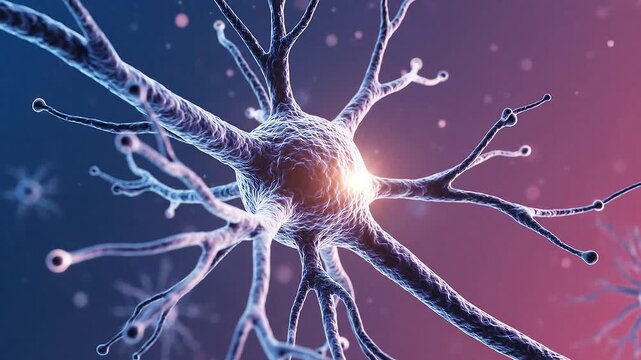 Animated 3 D neuron cell with glowing synapse and dendrites firing electrical impulses in a