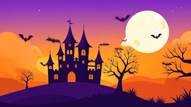 Silhouette castle scene at sunset with full moon and bats