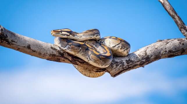 Large Python Snake Resting on Tree Branch Against Clear Blue Sky