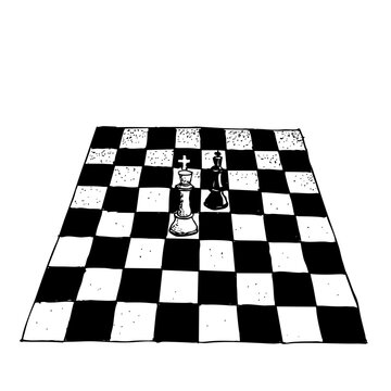 Ilustraci&oacute;n vectorial editable tablero de ajedrez con piezas de reyes, jaque mate, dibujo realista a mano. 