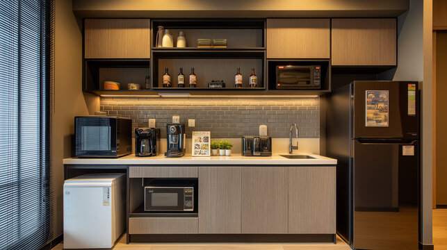 kitchenette. Compact kitchenette with essential appliances and natural light from window. real-estate listings, architecture portfolios, designed for interior renovation comparisons for interiors.