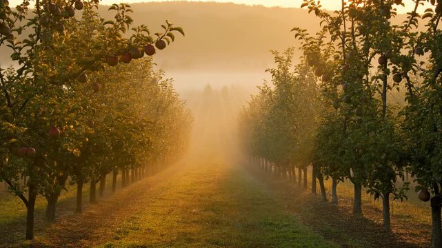 Golden sunrise mist over an apple orchard with ripe fruit on branches and sun rays filtering