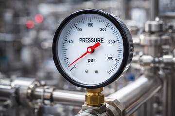 Industrial Pressure Gauge Measuring PSI in Factory Pipeline System Close-Up
