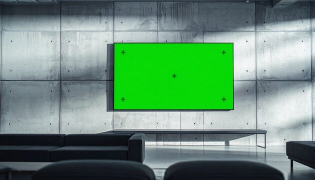 Large greenscreen TV mockup with tracking markers on a textured concrete industrial wall in a minimalist luxurious living room interior template