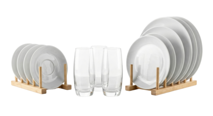 Modern White Dinnerware Set with Glasses on Wooden Stands