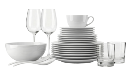Clean White Dinnerware Set with Wine Glasses and Tumblers