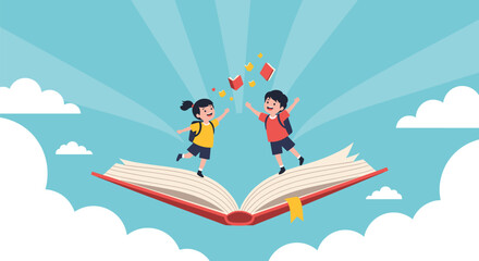 Two happy students with backpacks fly through the sky on a giant open book representing the magic of reading and learning.