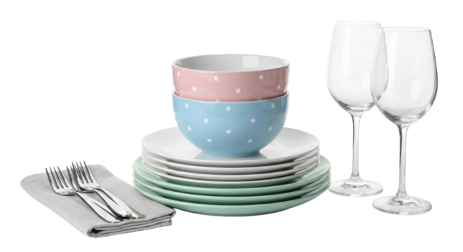Polka Dot Bowls, Plates, Forks, and Wine Glasses Set - Isolated - Powered by Adobe
