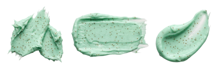 Green Face Scrub Swatches with Exfoliating Particles on White Background