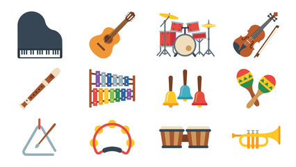 Obraz premium Flat Vector Icon Set of Musical Instruments for Education and Performance. Includes Piano, Guitar, Drum Kit, Violin, Recorder, Xylophone, Handbells, Maracas, Triangle, Tambourine, Bongos, Trumpet.