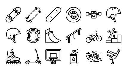 Obraz premium Skateboarding and urban sport line icons set. Extreme street sports vector symbols. Skateboard, BMX, scooter, rollerblade, helmet, ramp, graffiti. Active youth culture outline pictograms kit