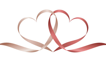 Elegant intertwined heart shapes formed by flowing rose gold and soft pink ribbons on a white background, symbolizing love and union Isolated on transparent background
