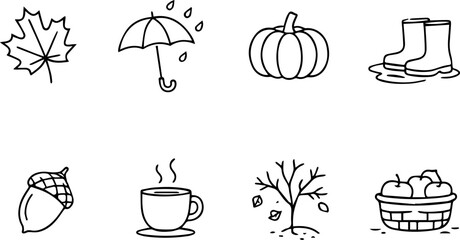 Autumn-themed icons with pumpkin, leaves, drinks.
