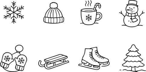 Winter icons with snowflake, cocoa, snowman, sled.
