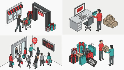 Isometric vector illustration set of Black Friday shopping scenes with people buying gifts, online deals, discounts, and holiday sales in store and online, modern retail commerce concept