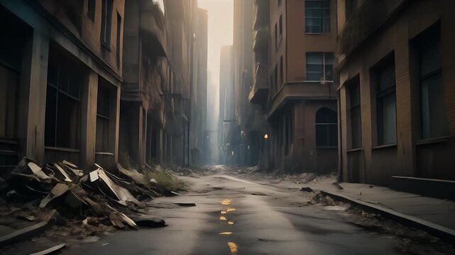 A desolate street scene with debris, leading into a hazy, bright sky. Buildings flank a damaged road, suggesting urban decay and a post-apocalyptic feel