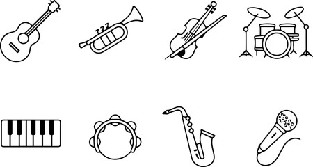 Musical instrument icons with guitar, drums, microphone.
