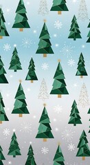 Fototapeta premium Festive evergreen trees and snowflakes adorn a soft blue and gray background.