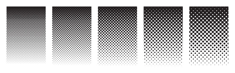 Set of five vertical halftone gradient backgrounds. Black and white vector patterns fading from dark to light using dot textures. © drawing lines