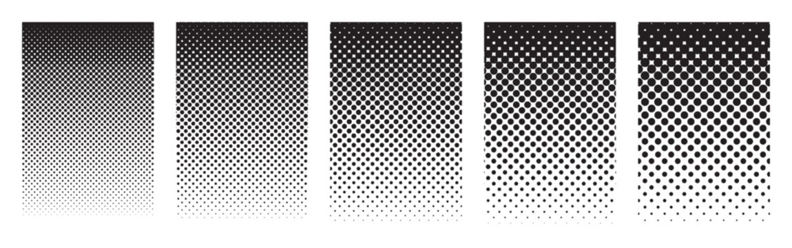 Set of five vertical halftone gradient backgrounds. Black and white vector patterns fading from dark to light using dot textures.