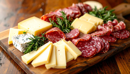 Gourmet charcuterie board with various cheeses, sliced salami and herbs, appetizing food. Delicious snack